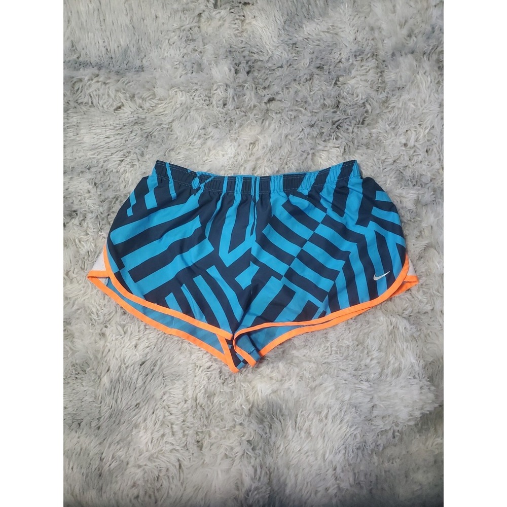 Nike Dri-Fit Women's Running Shorts Athletic Blue Geometric Print Orange Trim L